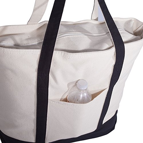 Dalix 22" Large Cotton Canvas Zippered Shopping Tote Grocery Bag In Black #TOP6
