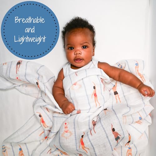 Image of LollyBanks Swaddle Blanket, 100% Cotton Muslin, Soft Baby Blanket 47 x 47 Inches, Neutral for Boys & Girls, Registry (Swimming /Sports Print)