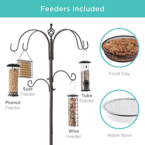 Image of Best Choice Products 6-Hook Bird Feeding Station, Steel Multi-Feeder Kit Stand for Attracting Wild Birds w / 4 Bird Feeders, Mesh Tray, Bird Bath, 5-Prong Base - Bronze
