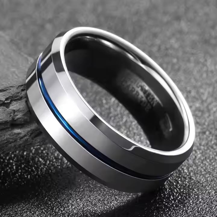 Image of Fashion Frill Stylish With Electric Blue Line Ring For Women And Men Stainless Steel Ring For Women And Men Gift For Him Her