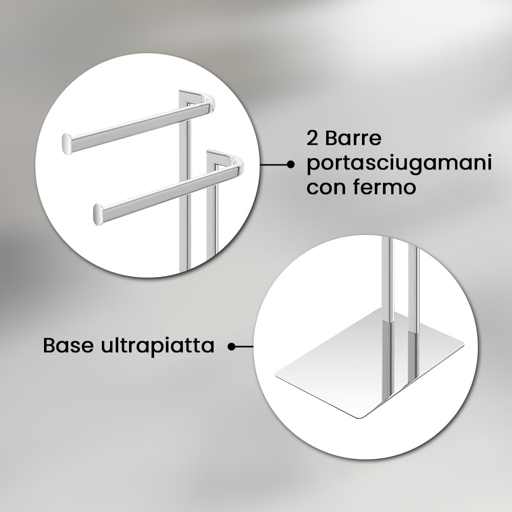 Piantana Porta Asciugamani Da Appoggio Per Bagno In Acciaio Cromato Linea Style, L 20 x P 30 x H 70 Cm, Dotata Di 2 Braccia Porta Salviette