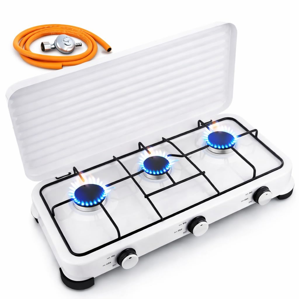 SMH LINE® Fornello a gas da campeggio a 3 fuochi, con tubo e regolatore, 50 mbar, gas propano da 5,4 kW, fornello da campeggio, fornello da tavolo XL