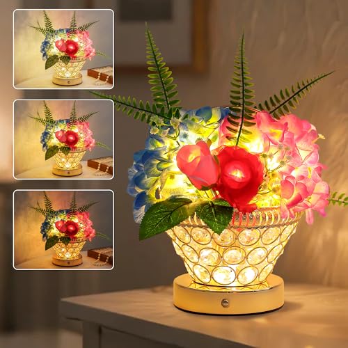 Image of Birthday Gifts for Women, Gift Basket for Mom Blue & Pink Hydrangea Rose Cordless Table Lamp, 3 Color Crystal Lamps Touch Bedside Lamps with USB Charge Small Night Light for Bedroom