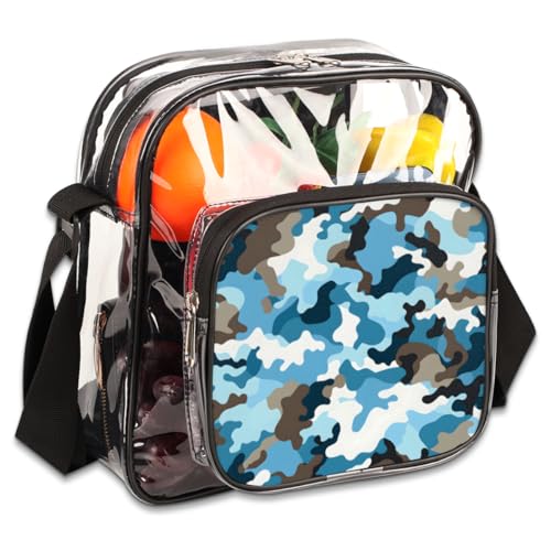 Clear Crossbody Bag Stadium Approved Camouflage Print Transparent Bag for Festivals, Sports Events, Concerts,Beach Bag for Women Men Camo Blue Clear Purse with Front Pocket Messenger Bag