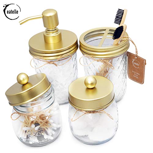 eatelle Mason Glass Bathroom Accessories Set Gold 4 Pieces, Soap/Lotion Dispenser, Qtip/Swabs, Cotton Balls, Toothbrushes Holder - Modern Decor Apothecary Jars Countertop, Vanity Organizer
