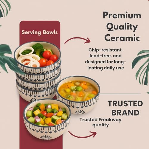 Image of Freakway Handcrafted Ceramic Serving Bowls Set | 200 ML | Microwave Safe, Chip-Resistant Stoneware for Soup, Snacks & Desserts (Set of 6, Grey & White)