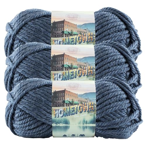Lion Brand Yarn Hometown Yarn Super-Bulky Yarn for Knitting Crocheting and Crafting 3 Pack Washington Denim