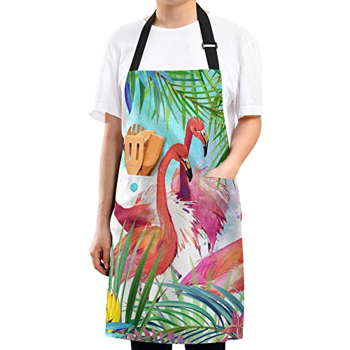 Apron With 2 Pockets For Women Men Flamingo And Palm Leaves Adjustable Garden Bib #TOP1