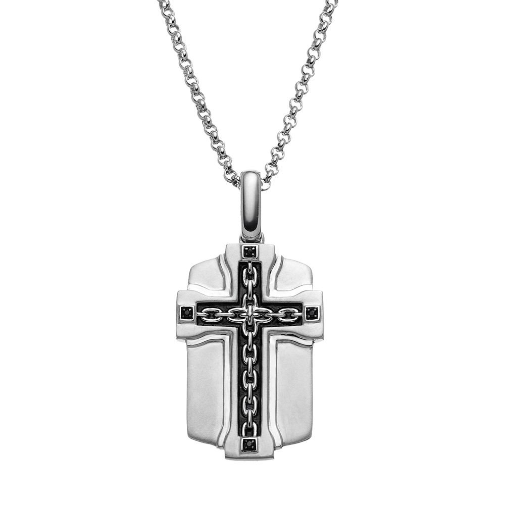 Black Diamond Accent Sterling Silver Cross Link Dog Tag Necklace