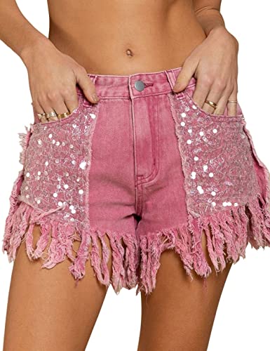 Happlan Women's Sequin Pockets Curly Fringe Casual Denim Shorts (0286-Pink-L) #TOP4
