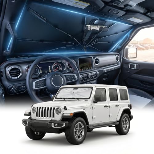 [2026 Upgraded] DooGooCoo Windshield Sun Shade Umbrella for Jeep Wrangler & Gladiator 2011-2026 [100% Sunlight Blocked Cooling Ice Crystal] Sunshade for Car Windshield for Wrangler Sunshade.