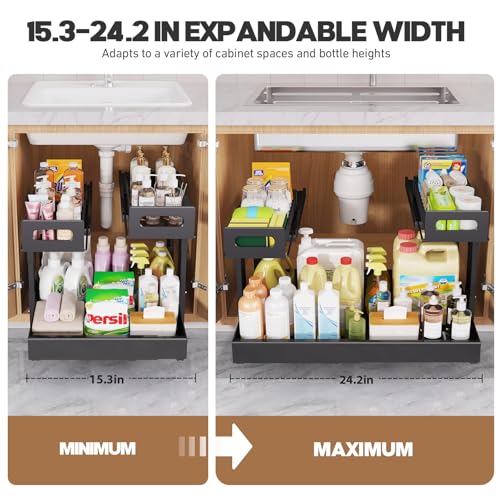 Image of 1 Pack Expandable Under Sink Organizers And Storage With Upgrade Ball-Bearing Slide Tracks,2-Tier Pull Out Under Cabinet Organizer Height Adjustable,Slide Out Under Sink Drawers-Black(Patent Pending)
