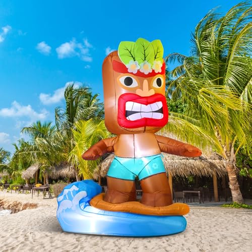 Image of Shappy 5 ft Inflatable Tiki Surfboard Decorations Luau Hawaiian Party Decorations Summer Inflatables Outdoor LED Lighted Tiki Blow up Beach Tropical Pool Surfing Yard Party Supplies Favors