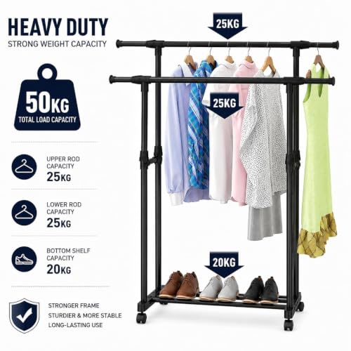Image of WOOMZY Heavy Duty Cloth Drying Stand for Clothes - Foldable Clothes Drying Stand Metal with Wheels | Adjustable Dry Cloth Stand & Cloth Dryer Stand for Balcony, Home | Pole Rack Kapde Stand