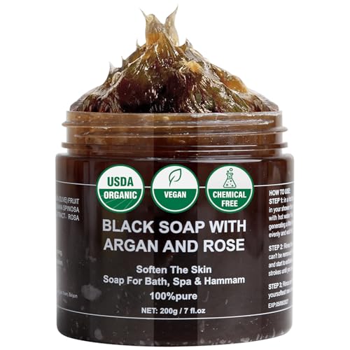 100% Pure Moroccan Black Soap - 200g USDA Certified Natural Organic Moroccan Black Beldi Soap Brightens Skin Tone Deep Cleansing & Exfoliating Rich Lather for Women & Men