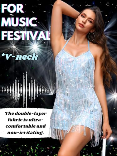 Image of Kaei&Shi Sequin Fringe Romper,Sparkly Glitter Metallic Jumpsuits For Women,Backless Shorts Dress Disco Birthday Dance Outfit