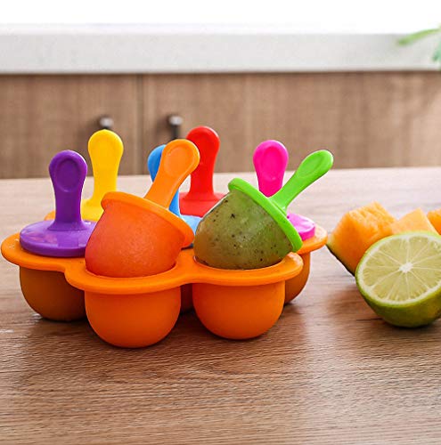 Eisformen Silikon,Eisformen Kinder,7 Mulden Eisform Popsicle mit Kunststoffstäbchen,Eis am Stiel Formen,Kleine Eisbehälter,Eis Formen für Stieleis,Stieleisformer BPA Frei(Orange) 5