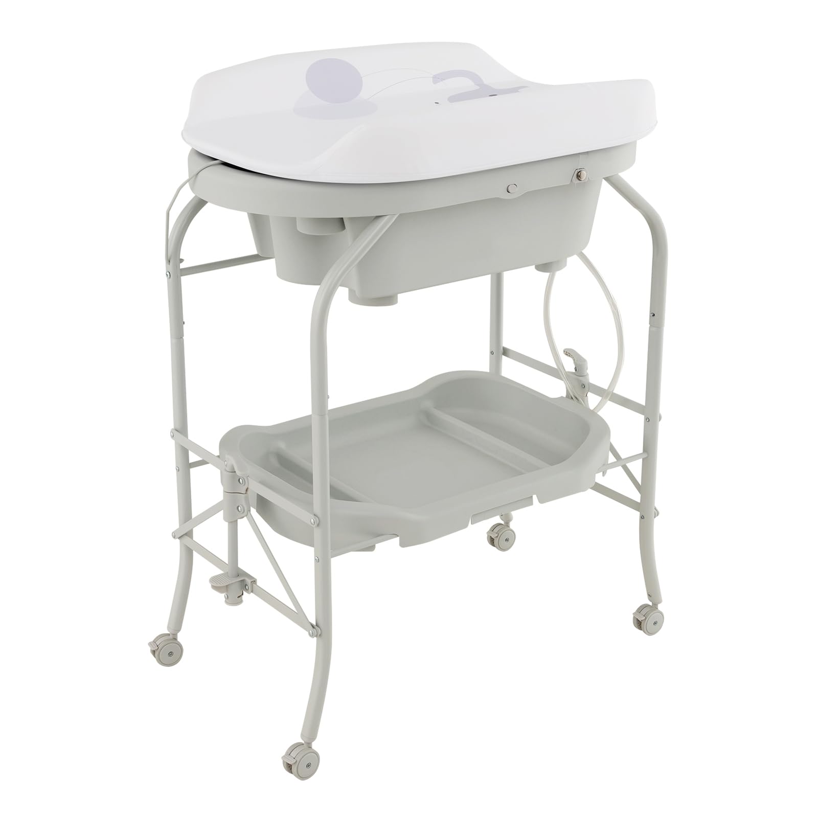 GYMAX Fasciatoio pieghevole con vasca da bagno, tavolino da bagno portatile per neonati e cassettiera con imbottitura in PVC, vassoio portaoggetti e ruote, stazione fasciatoio per neonati (grigio
