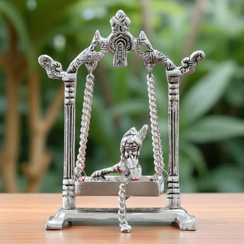 Image of KridayKraft Laddu Gopal on Jhulla Palana Metal Statue Gold Plated Metal Krishna Murti Showpiece Religious Figurines Gift Article for Home and Office Table and Car Dashboard Decor