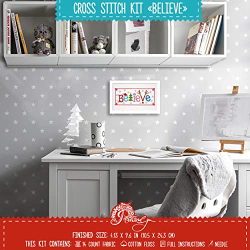 Counted Cross Stitch Kit 'Believe' - Embroidery Set For The Holidays, Encouragement, Or Inspiring Everyday Possibilities With A Christmas Tree, Snowflake, Deer And Santa Hat #TOP5