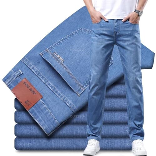 Men Jeans Cotton Business Classic Slim Denim Pants Work Light Blue Trousers Light Blue 343