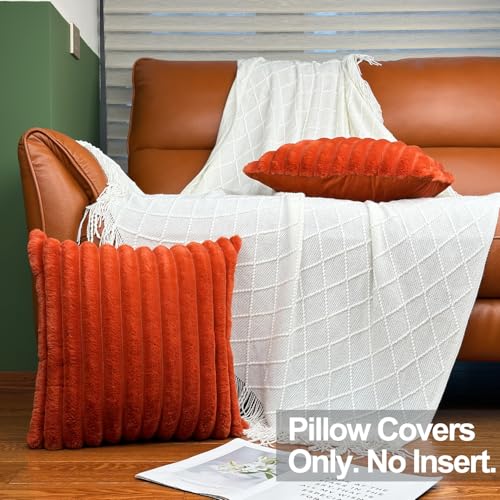 20x20 Throw Pillow Covers Set of 2, Decorative Faux Fur Covers for Bed, Couch Soft Fluffy Pillow Cover with Velvet Back for Living Room, Neutral Home Décor Accent for Sofa - Burnt Orange
