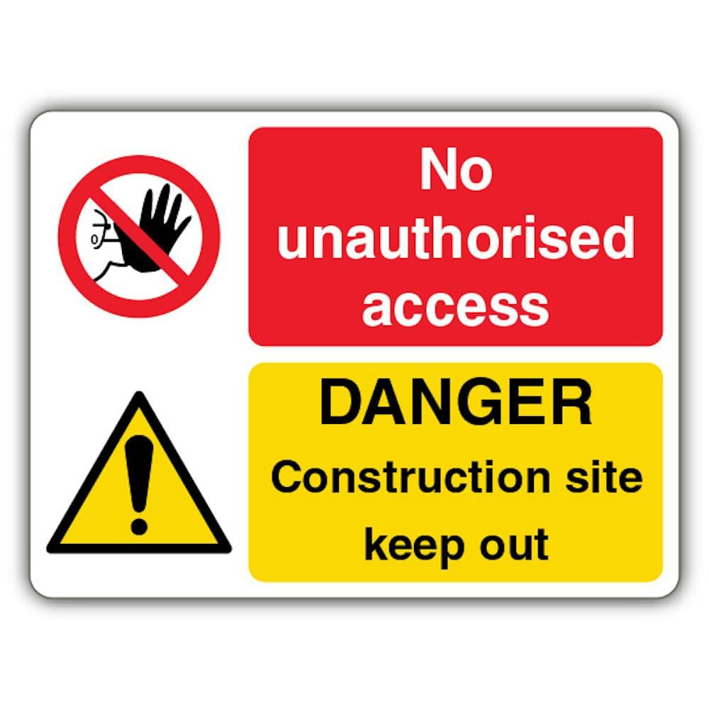 V Safety GloReflect No Unauthorised Access - Danger Construction Site Keep Out Safety Sign - 600 x 450 mm - 1.2mm Rigid Plastic - GloReflect
