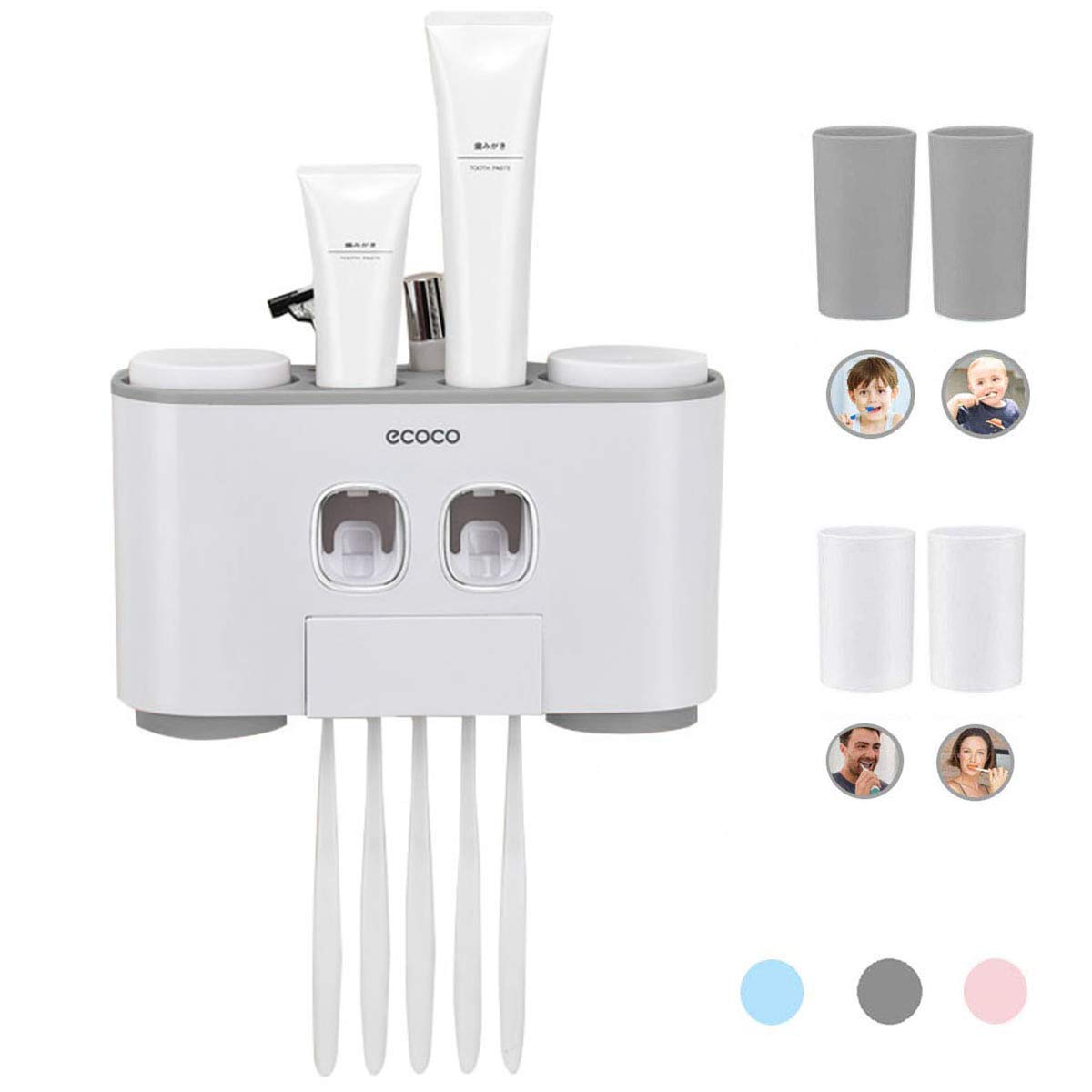 Mhtech Gray Toothbrush Holder, Wall Mount, Drill-Free, With 5 Slots, 2 Toothpaste Dispensers, 4 Cups