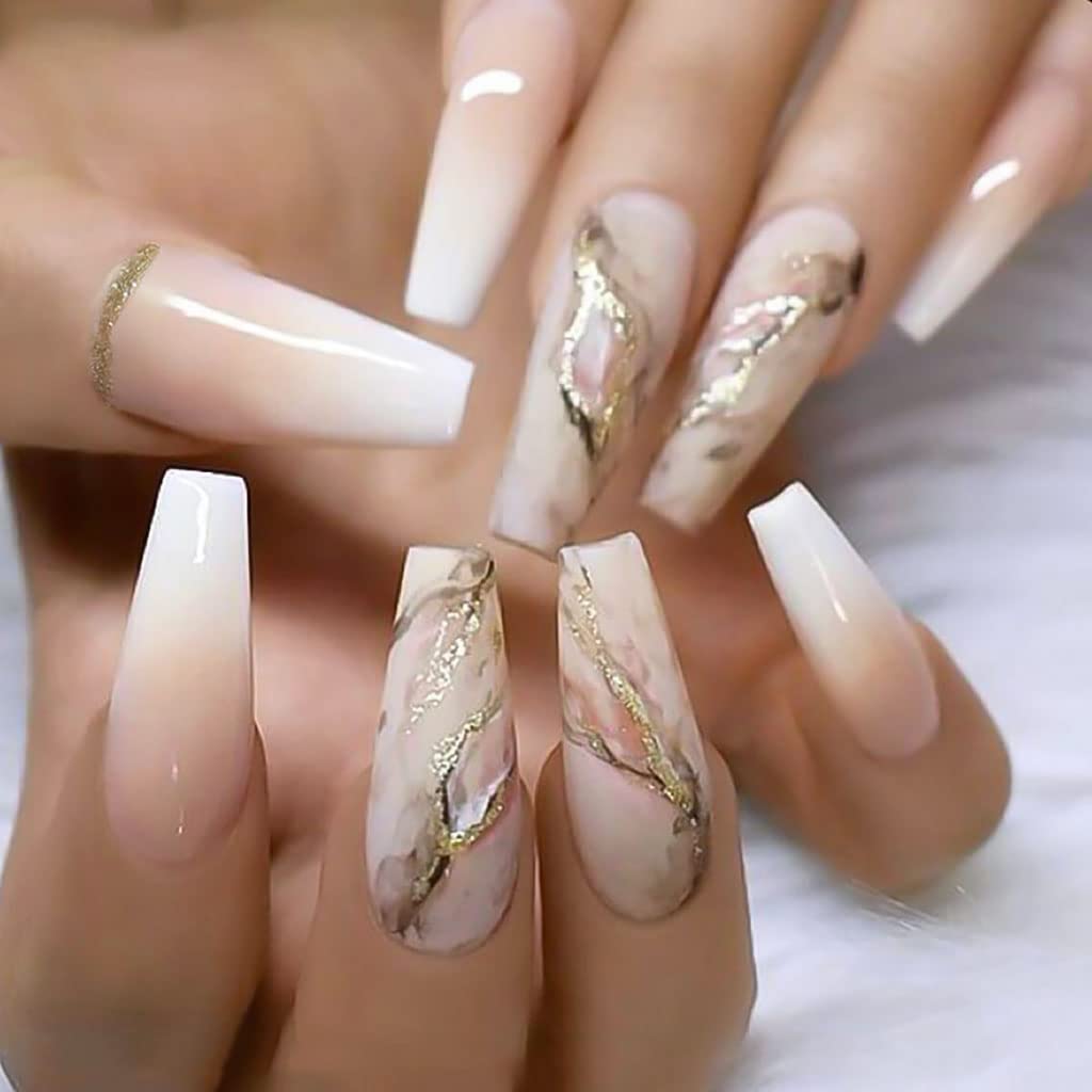 Amazon Com Rikview Long Press On Nails Coffin Fake Nails Pink Nails Glitter Acrylic Nails With Marble Design Beauty Personal Care