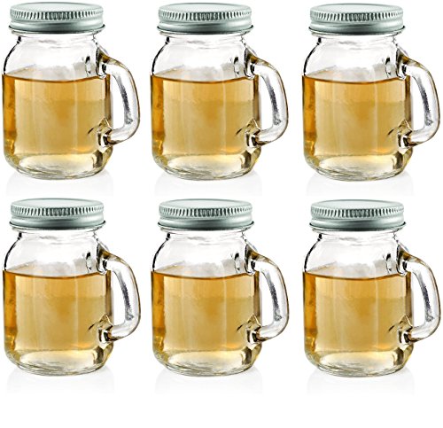 Circleware Mason Jar Mug Shot Handles and Metal Lids Set of 6 Heavy Base Glassware Drinking Glass Cups for Whiskey, Vodka, Brandy, Bourbon & Best Selling Bar Liquor, 5 oz, Clear