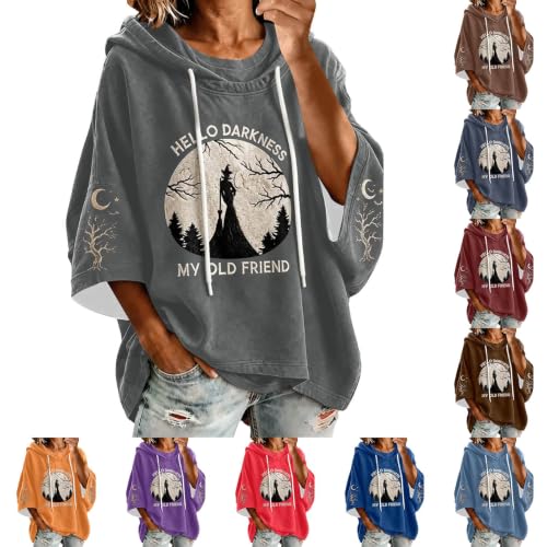 Witch Sweatshirt,Women Witch Moon Gothic Graphic Hoodie 3/4 Sleeve Letter Printed Pullover Spooky Season Halloween Drawstring Hooded Grey Small