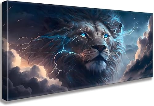 Arte de pared de león en lienzo azul enmarcado con diseño de animales, retrato de vida silvestre para sala de estar, dormitorio, decoración de pared