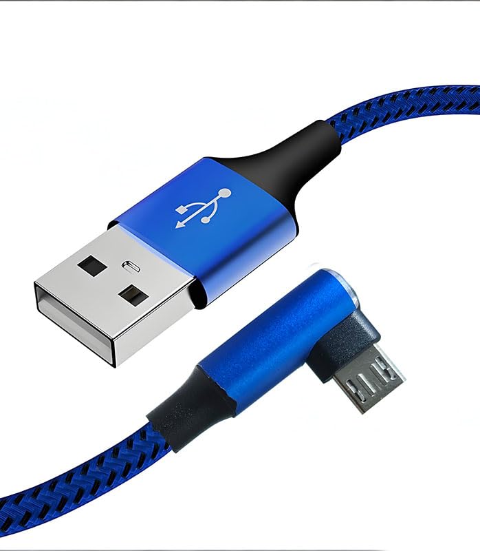 2 Pack Right Angle Micro USB Cable 3.3ft, Nylon Braided Fast Charging 3A Data Sync Cord, Blue Aluminum Housing Android Charger for Smartphone Camera Bluetooth Earphone