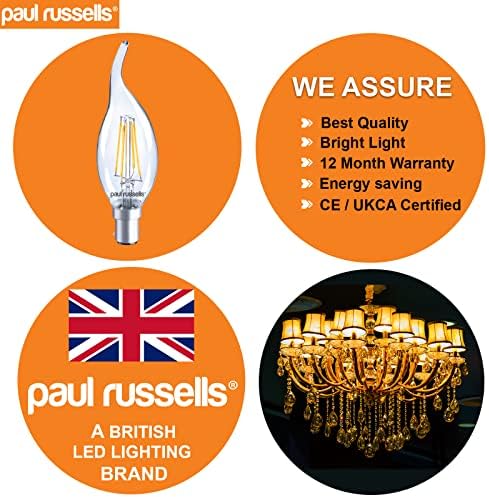 paul russells LED Filament Candle Flame Light Small Bayonet Cap B15, 40w Incandescent Equivalent C35T 4W 470LM, 2700K Warm White, Energy Saving Chandelier SBC Ceiling Bent-Tip Lamp Bulbs, Pack of 10