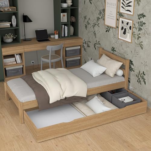 N-wood N01 Bett mit Schublade Lattenrost 80x180 cm, Seniorbett, Multifunktional Einzelbett für Kinder, Jugendliche und Erwachsene, Hochwertige Materialien, Natureiche