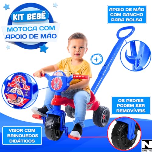 Kit Carrinho de passeio infantil andador bebe didático triciclo de empurrar com pedal haste chave cr