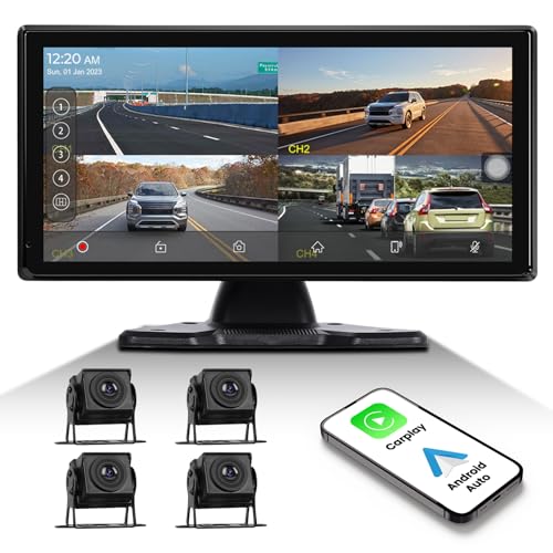 Image of 1080P 4K RV Backup Camera System Portable Wireless Apple Carplay /Android Auto Mirror Link Smart Player 10.36 inch Touchscreen Reverse Monitor DVR Loop Recording 4 Split Screen Bluetooth USB TF