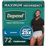Depend Fresh Protection Adult Incontinence Underwear for Men, Disposable, Maximum, Large, Grey, 72 Count (2 Packs of 36), Packaging May Vary
