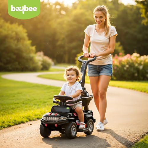 Image of Baybee Speedy Pro Baby Ride on Car for Kids with Parental Handle | Portable Kids Car with LED Lights, Music, Backrest & Basket | Toy Rideons Jeep | Toddler Push Baby Cars for 1 to 3 Years (Black)