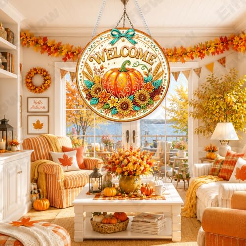 Eiflow Hanging Diamond Art Pumpkin Kit for Adults Fall DIY Acrylic Diamonds Craft Painting Ornament Kit Welcome Sign, Special Crystal Diamond Art Painting Window Wall Door Hanging Pendant by Eiflow - Used condition - Image 2