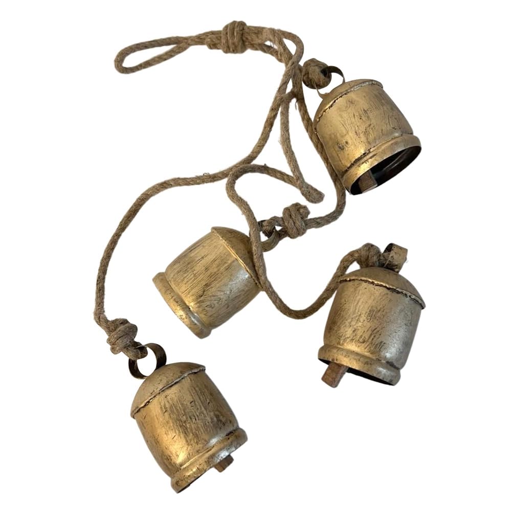 Venoal Brown 4Pcs Large Cow Bells Cluster On Rope - Lucky Wall Hanging Metal Set Kit