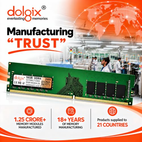 Image of Dolgix16GB DDR4 Desktop RAM 2666MHz (Memory) U-DIMM | Long-DIMM | CL-19 | PC4-21333, (1Rx8 Single Rank) 3 Year Warranty | Made in India