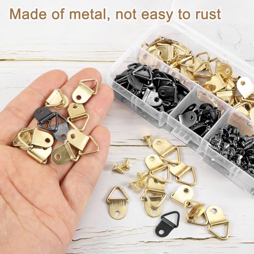 Image of uxcell 100Pcs Picture Hangers, Triangle Ring Picture Frame Hook, Frame Backing Fasteners with 100 Pcs Screws for Hanging Clock Paintings Pictures, Gold /Balck
