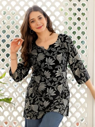 Image of Women's Cotton Printed Short Kurti, Round Neck, Three Quarter Sleeve, Straight Fit, Pack of 2