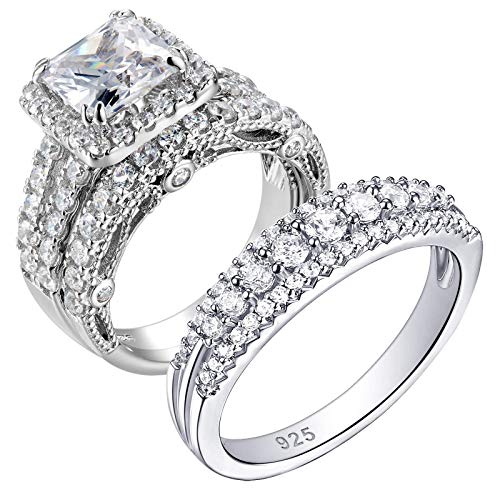 Wuziwen 4Ct Engagement Rings for Women Sterling Silver Cubic Zirconia Wedding Band Bridal Set White Round Cz Eternity Rings 925 Sterling Silver Promise Wedding Band for Women Size 7