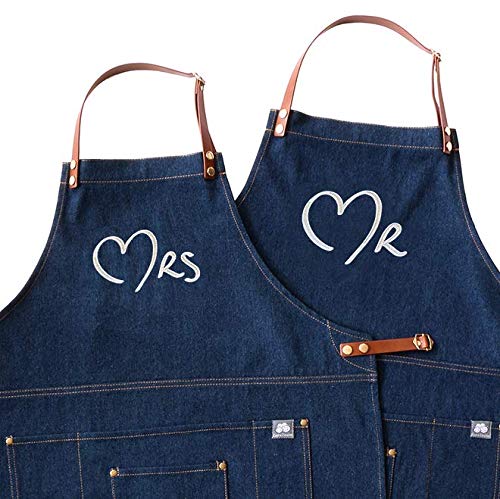 Cootie Couples Mr Mrs Leather Strap Denim Apron Gift Set for 