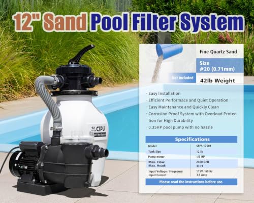 Image of CIPU 12-inch Sand Filter Pump System Handy 4-Way Valve for Above Ground Swimming Pools with Prefilter Pool Pump 115V 6-Foot Cord to Easy Installation SFPS12501