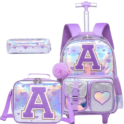 HTgroce Mochila infantil infantil com rodinhas com rodas para meninas com lancheira 4 peças, mochila com rodinhas para meninas