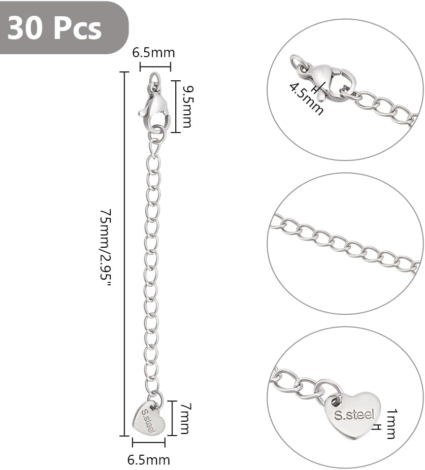 UNICRAFTALE 30Pcs 304 Stainless Steel Curb Chain Extender End Chains with Lobster Claw Clasps and Heart Chain Tabs 75mm Long Bracelet Necklace Extension Chains for DIY Jewelry Making - Image 3