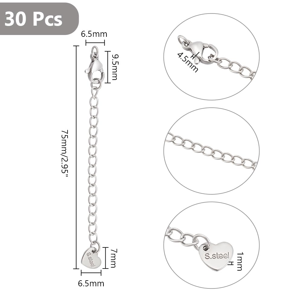 UNICRAFTALE 30 pz 304 catenelle di Estensione per Catena Barbazzale in Acciaio Inossidabile con Fermagli Ad Artiglio di Aragosta e Linguette per Catena A Cuore Catene di Estensione per Bracciali